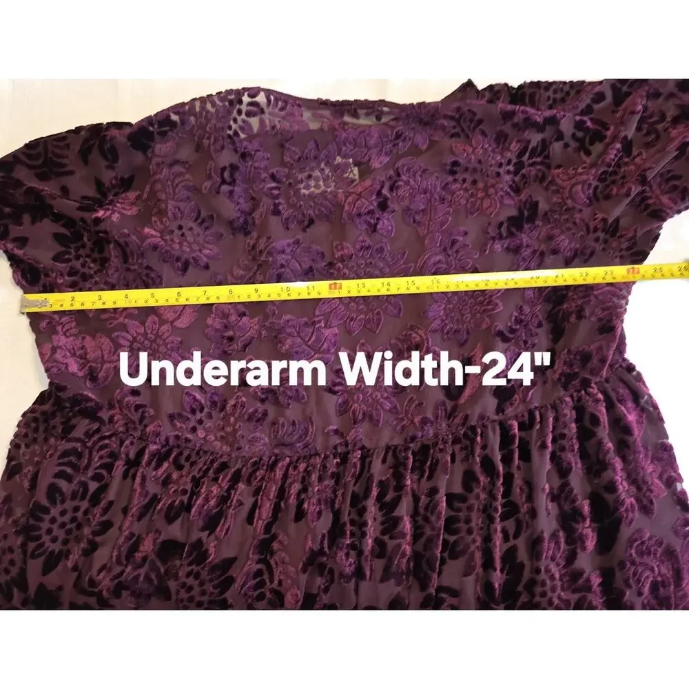 VTG Katy D Deep Maroon Babydoll Velour Velvet Burnout Dress PLUS 18/20 Floral